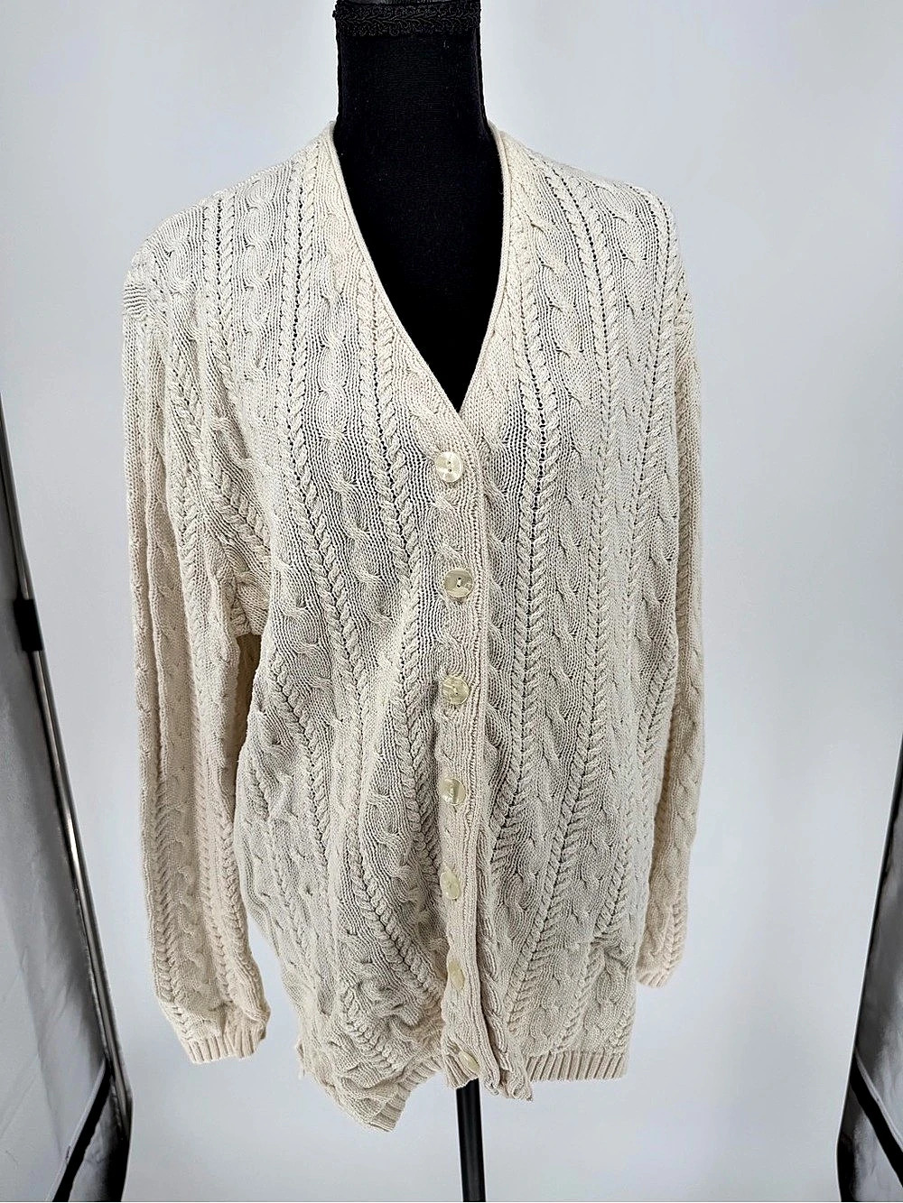 Vintage Talbots Cable Knit Cardigan XL 100% Cotton Made USA Ivory
